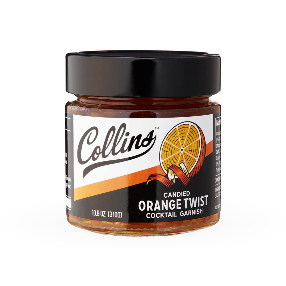 Collins Orange Peel Twist close up reveals glossy syrup and zest