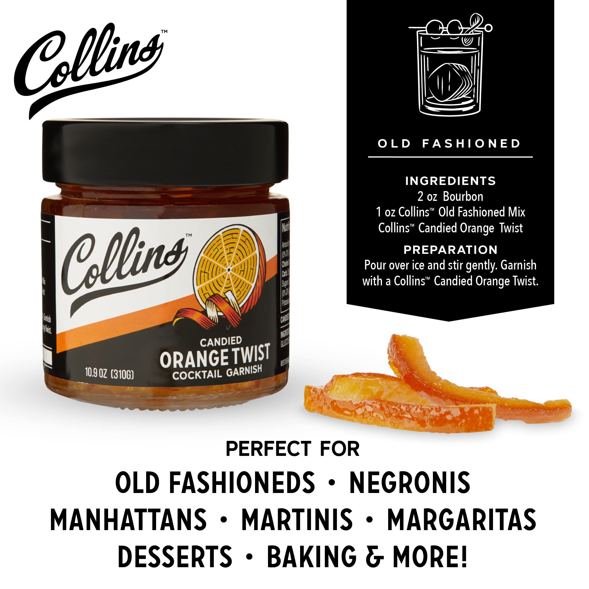 Collins Orange Peel Twist draped over dessert for a bright citrus note