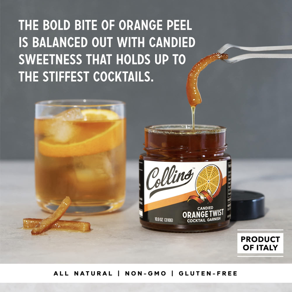 Collins Candied Orange Peel Twist beside Negroni or Sidecar for authenticity