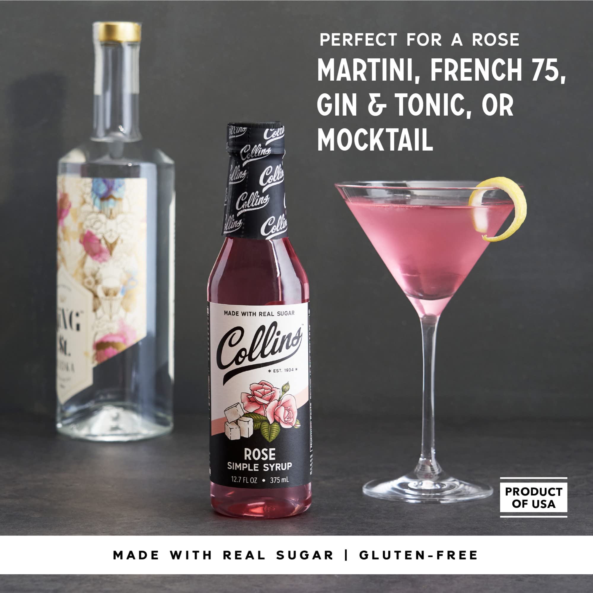 Garnish drizzle from Collins Rose Syrup into a cocktail glass.