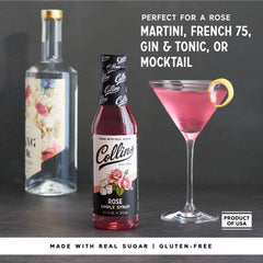 Garnish drizzle from Collins Rose Syrup into a cocktail glass.