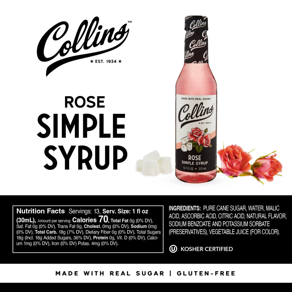 Collins Rose Syrup being poured into a glass for a floral drink.