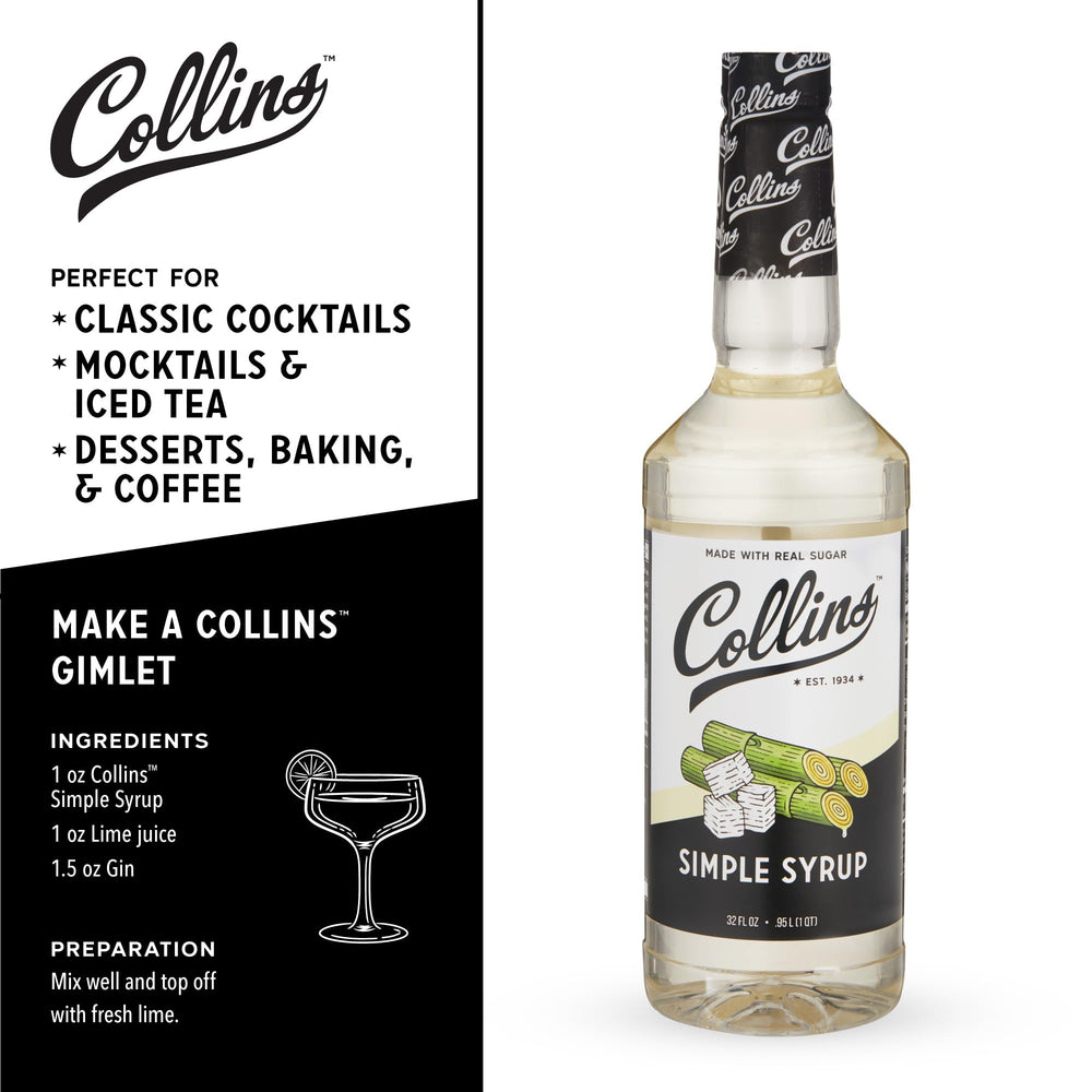Collins Simple Syrup cocktail glass scene showcases versatile mixing for entertaining
