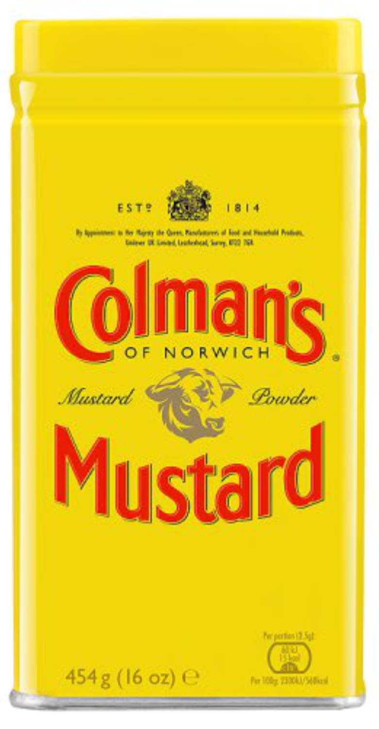 Colman’s Dry Mustard Powder bottle on a kitchen counter ready to upgrade sauces.