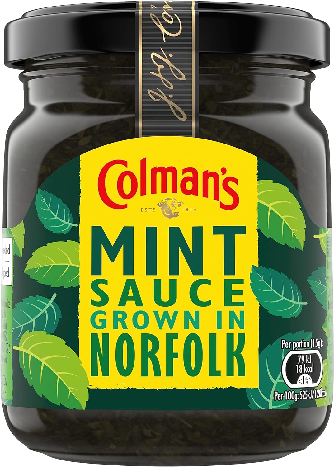 Colmans Fresh Garden Mint Sauce bottle, adds bright mint flavor to roast lamb.