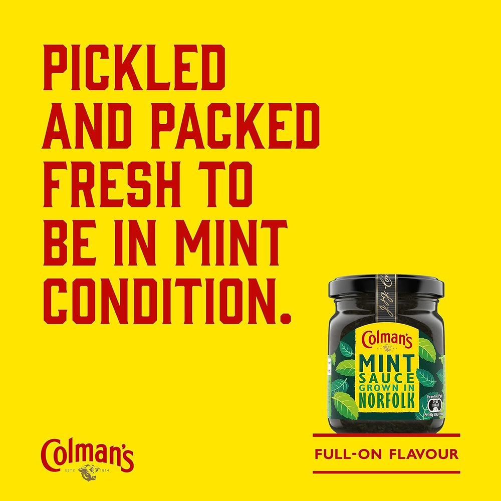 Colman's mint sauce UK import packaging highlights heritage and flavor.