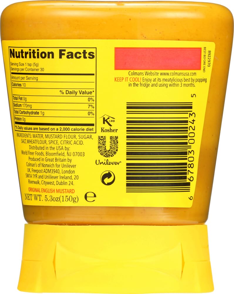 Colman's Original English Mustard bottle back view, compact packaging for pantry storage.
