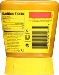 Colman's Original English Mustard bottle back view, compact packaging for pantry storage.