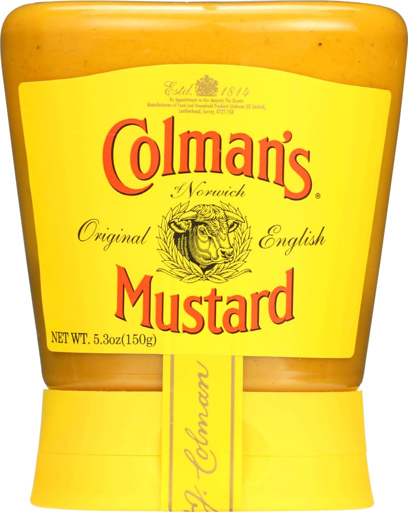 Colman's Original English Mustard bottle front view, easy squeeze for quick meals.