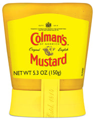 Colman's Squeezy Mustard bottle front view, easy squeeze for quick, tangy flavor.