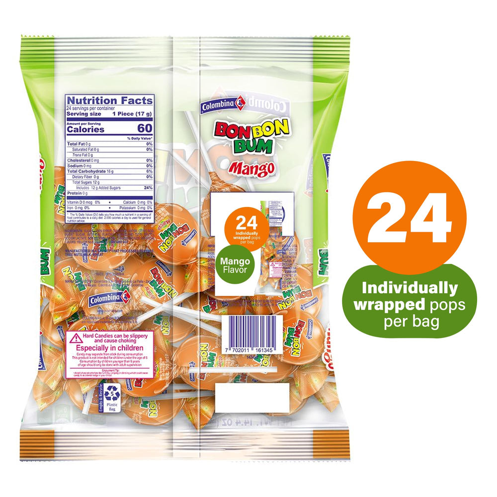 Colombina Bon Bon Bum Mango Lollipop pack back with ingredients and serving ideas.