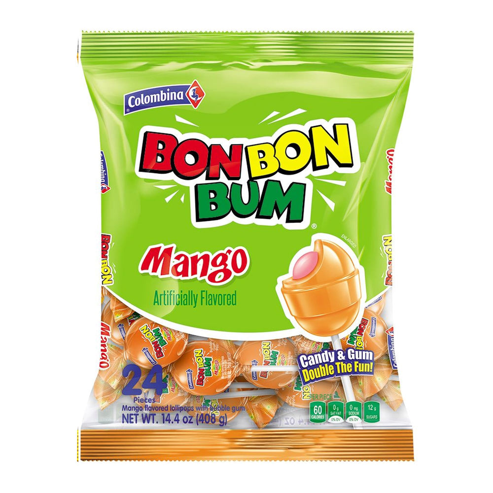 Colombina Bon Bon Bum Mango Lollipop pack front showing tropical flavor for a refreshing snack.