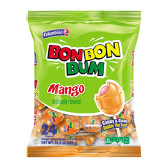 Colombina Bon Bon Bum Mango Lollipop pack front showing tropical flavor for a refreshing snack.
