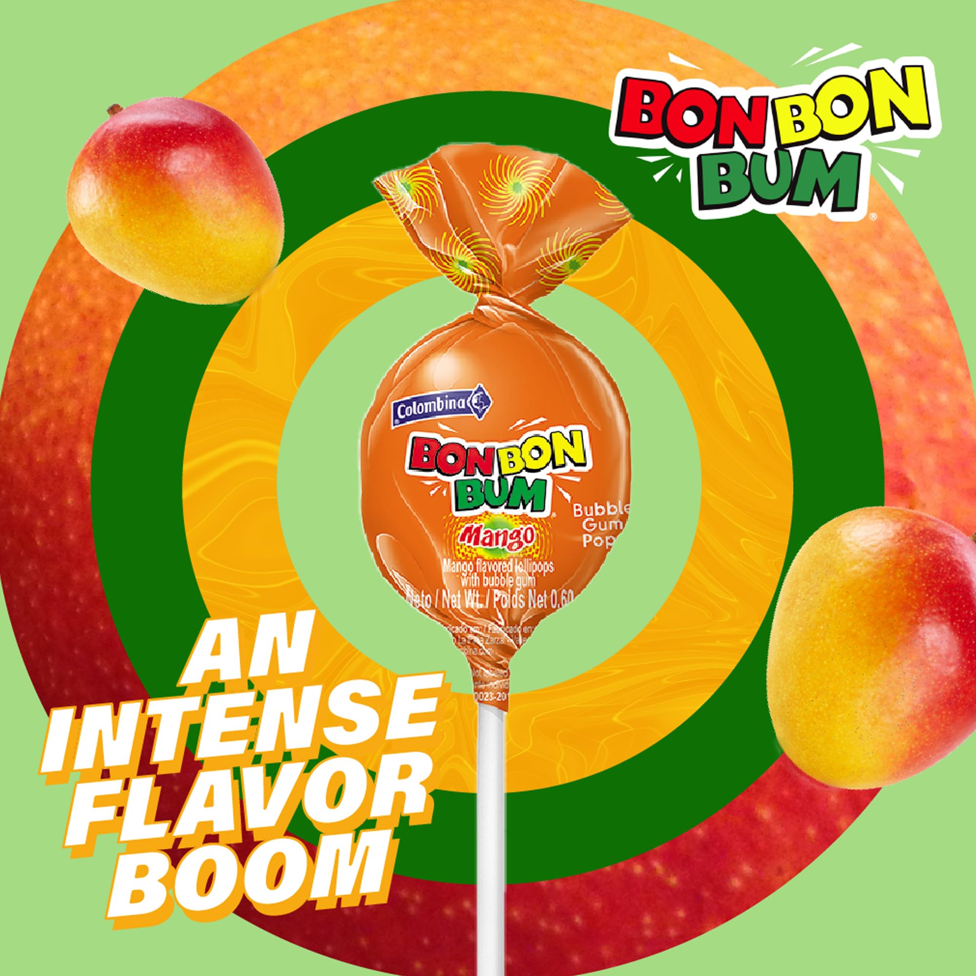Colombina Bon Bon Bum Mango Lollipop in a party bag for kids and guests.