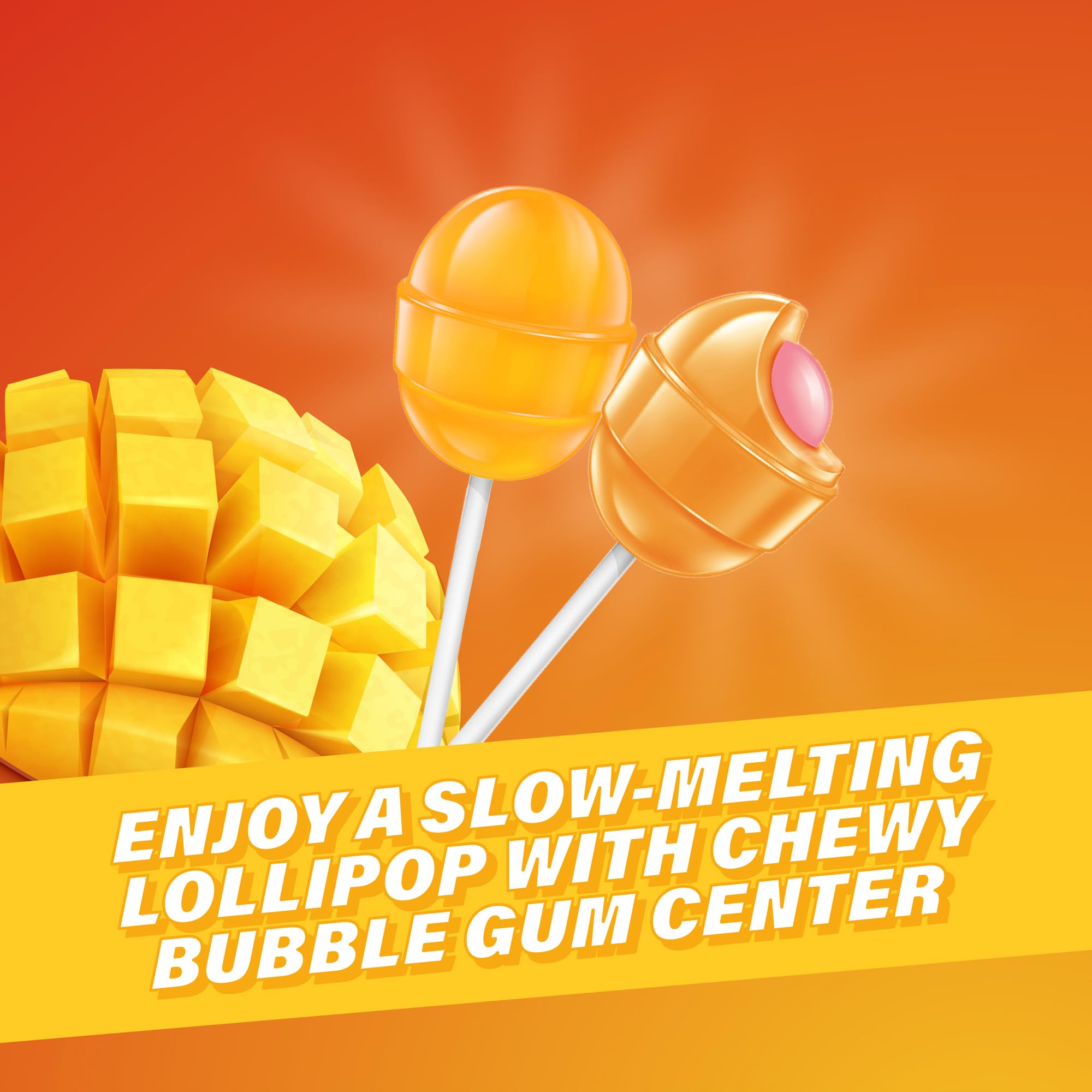 Colombina Bon Bon Bum Mango Lollipop tropical swirl color appealing to mango lovers.