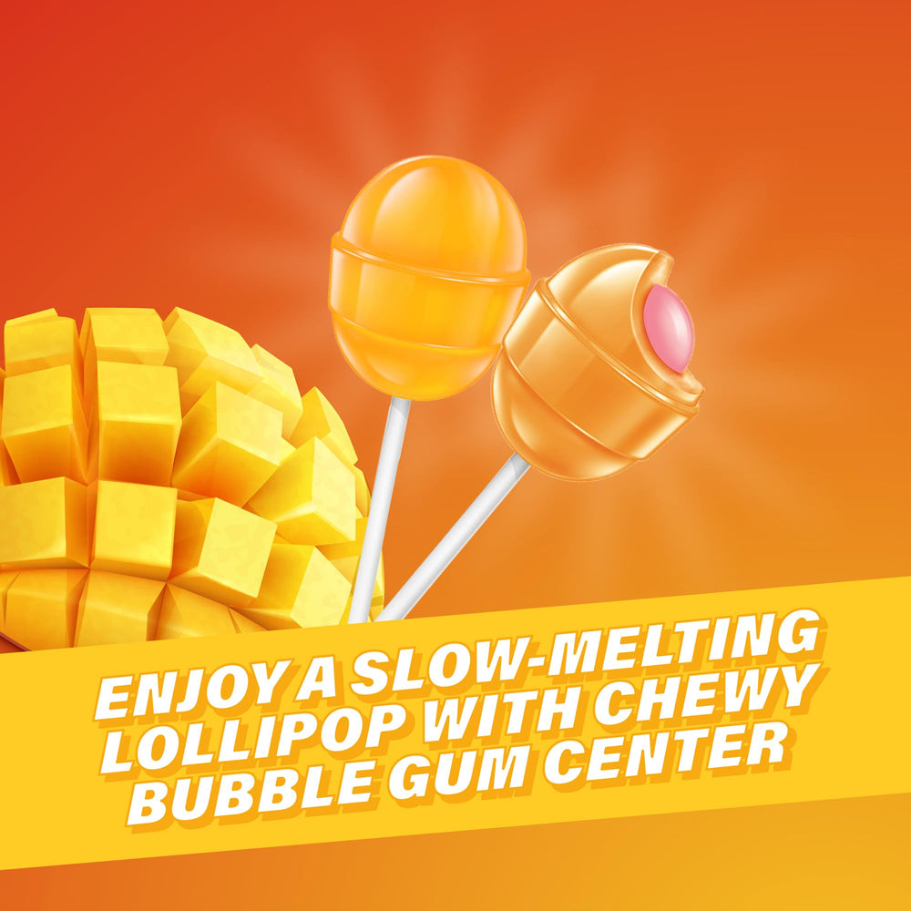 Colombina Bon Bon Bum Mango Lollipop tropical swirl color appealing to mango lovers.