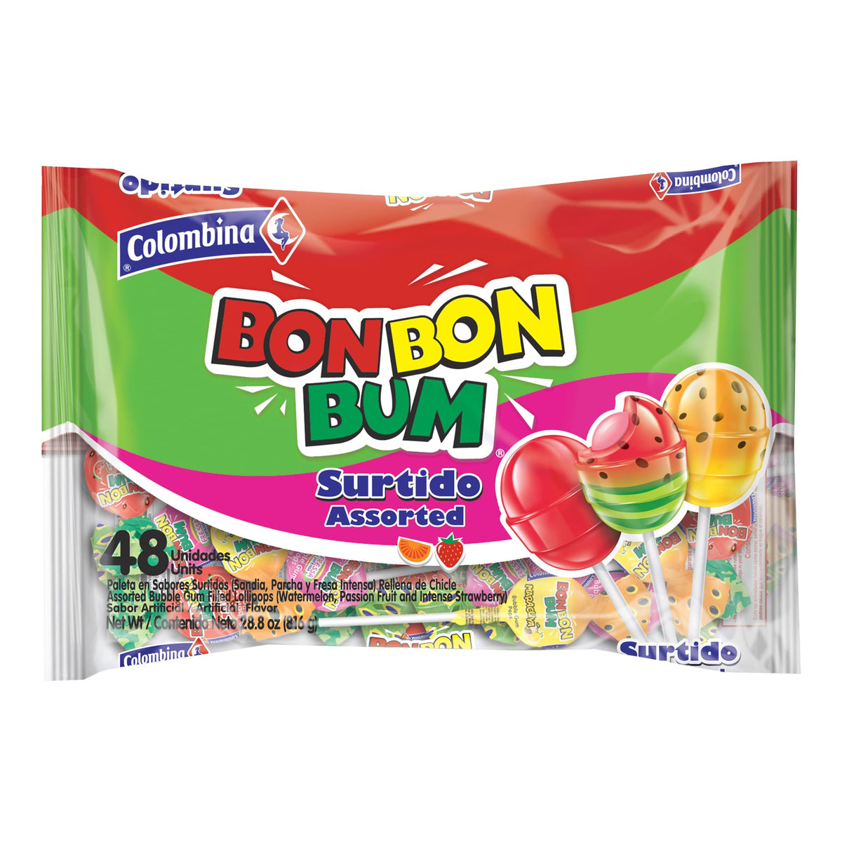 Colombina Bon Bon Bum assorted lollipops pack — colorful fruit flavors for sharing.