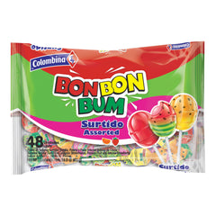 Colombina Bon Bon Bum assorted lollipops pack — colorful fruit flavors for sharing.