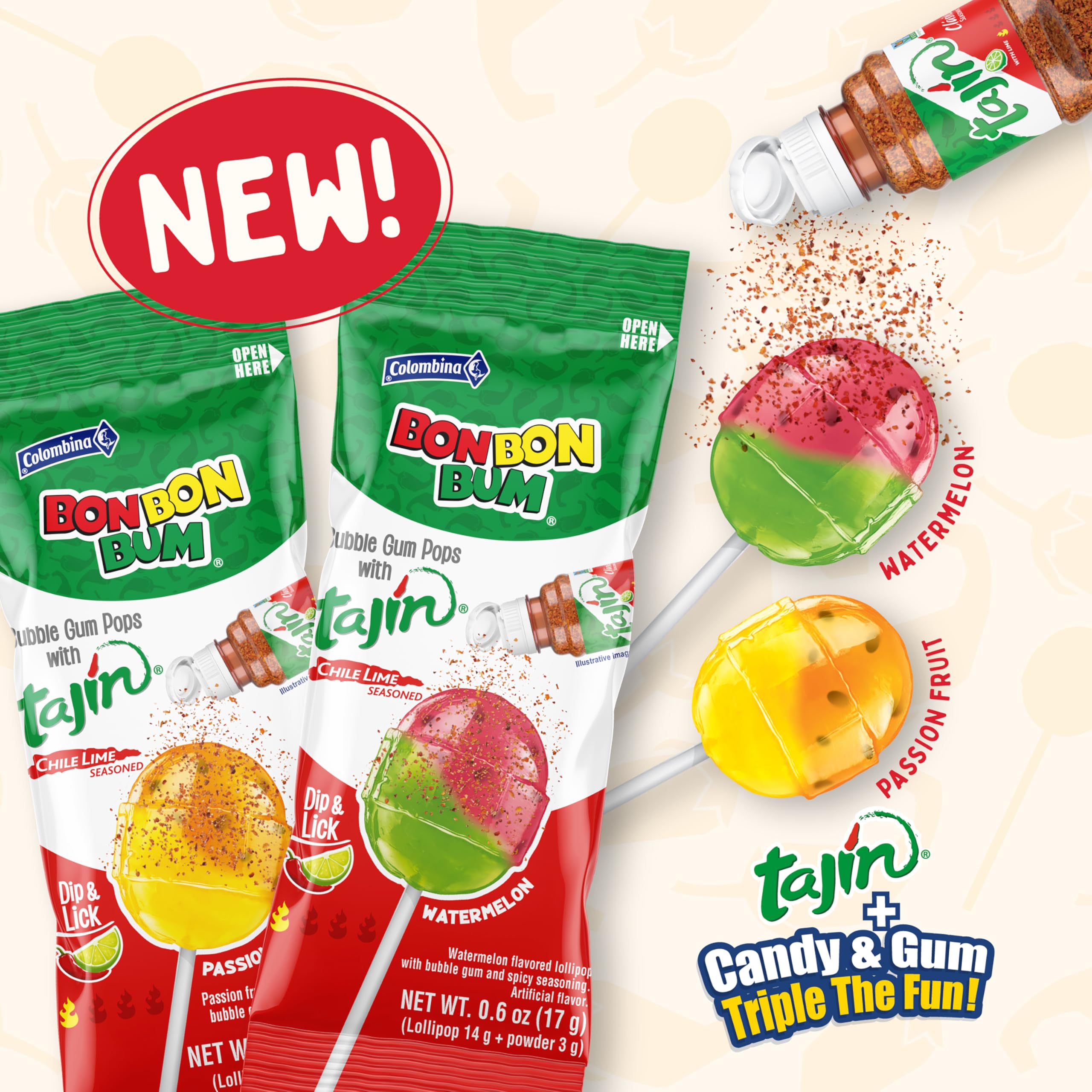 Colombina Bon Bon Bum lollipop with Tajín dust showing tangy zest and playful dip.
