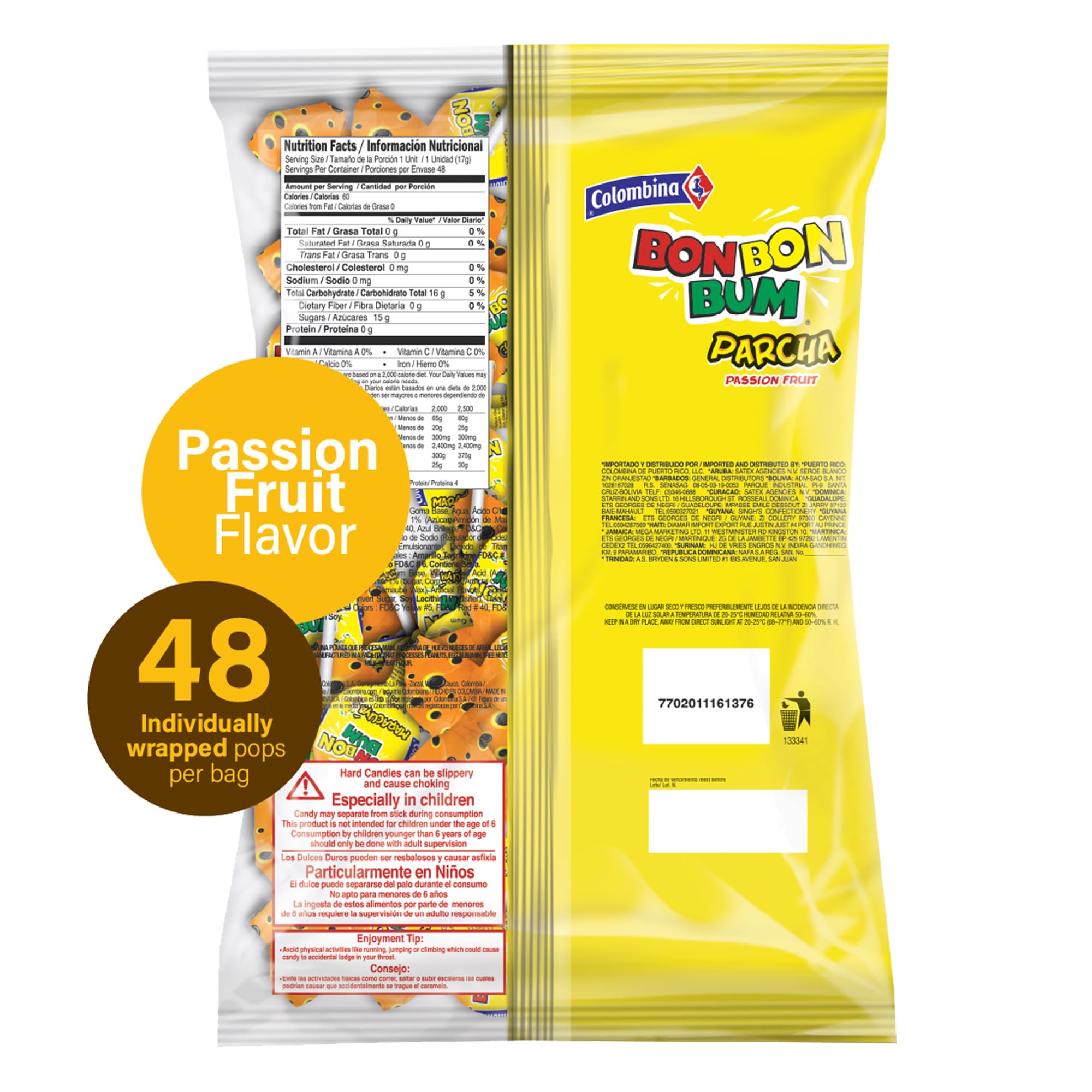 Colombina Bon Bon Bum hard candy shell lollipop with tropical aroma and bold flavor.