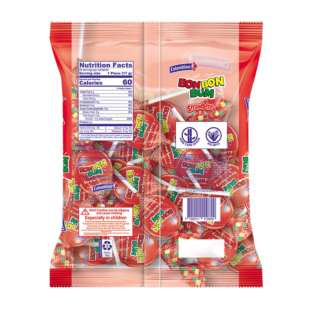 Colombina Bon Bon Bum individually wrapped strawberry lollipops stay fresh for on-the-go snacking.