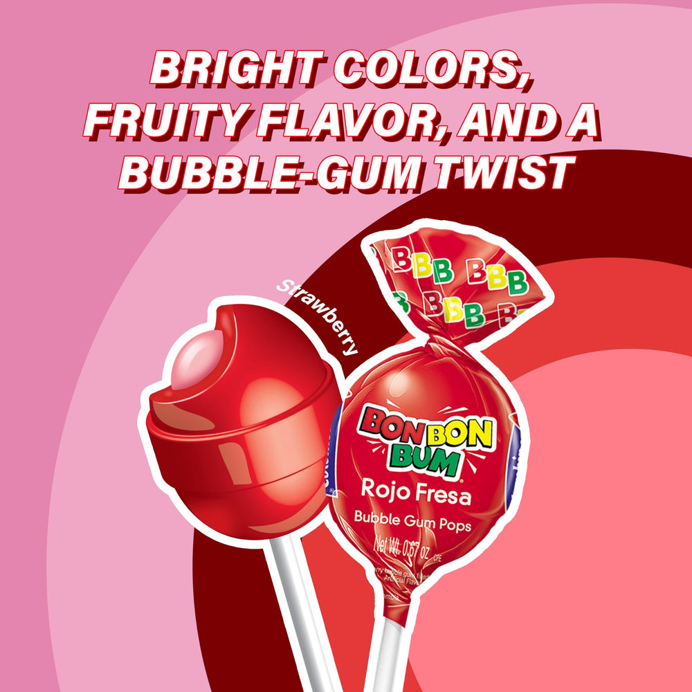 Colombina Bon Bon Bum no-preservatives lollipop closeup emphasizes clean ingredients and flavor.
