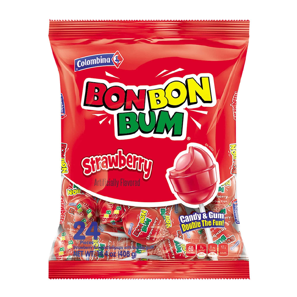 Colombina Bon Bon Bum strawberry lollipop packaging shown for easy sharing and gifting.