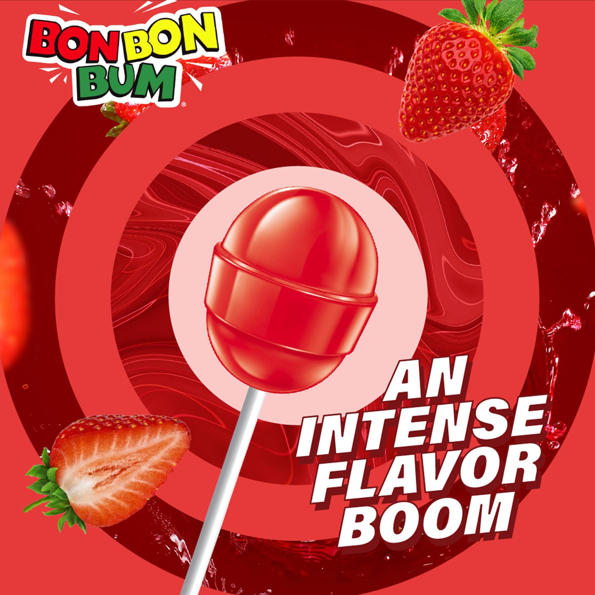 Colombina Bon Bon Bum strawberry lollipop serving size demonstrates convenient individually wrapped treat.