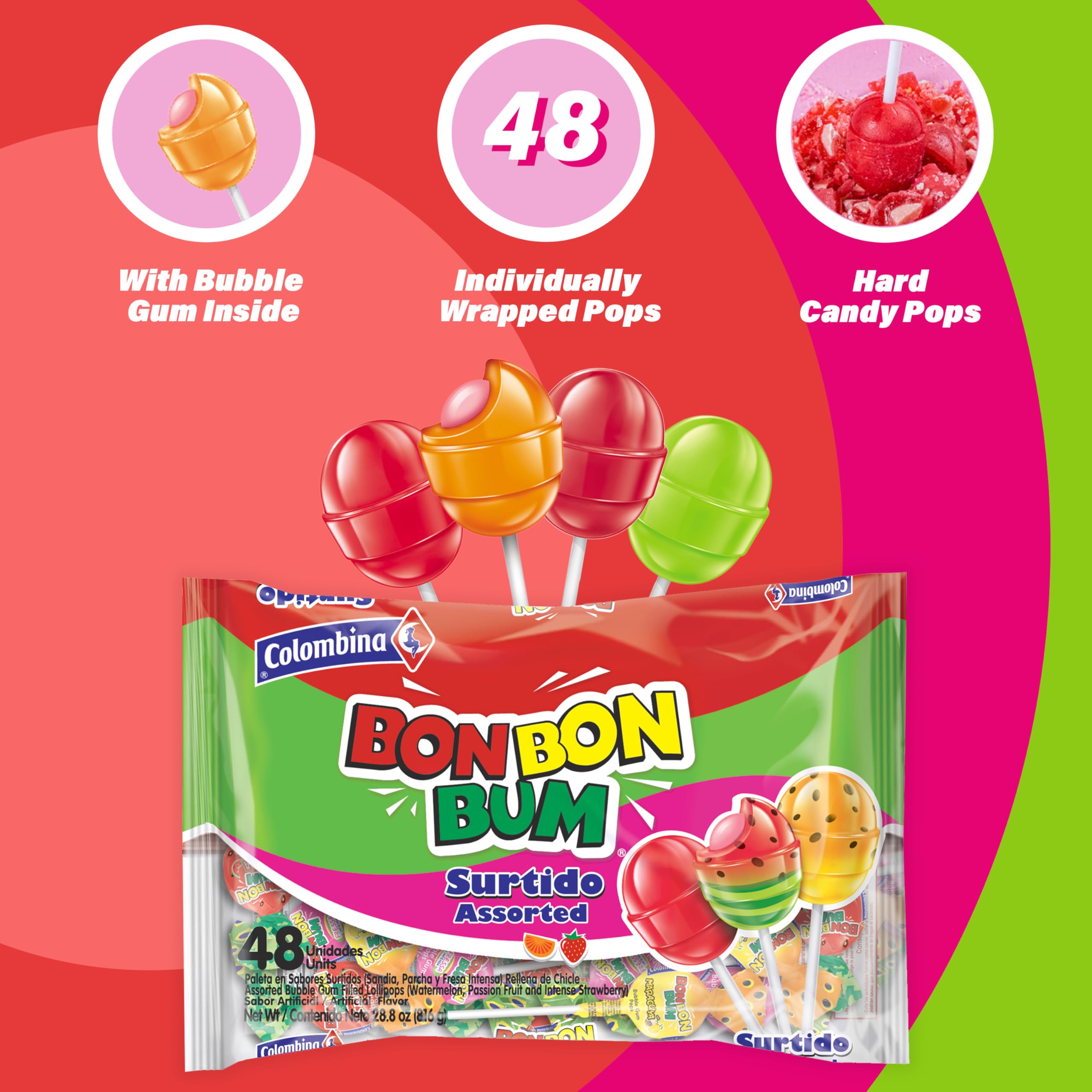Colombina Bon Bon Bum strawberry lollipop — bright red sweet notes for a candy craving.