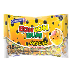 Colombina Bon Bon Bum tropical passion fruit lollipop with bubble gum center, ideal for party favors.