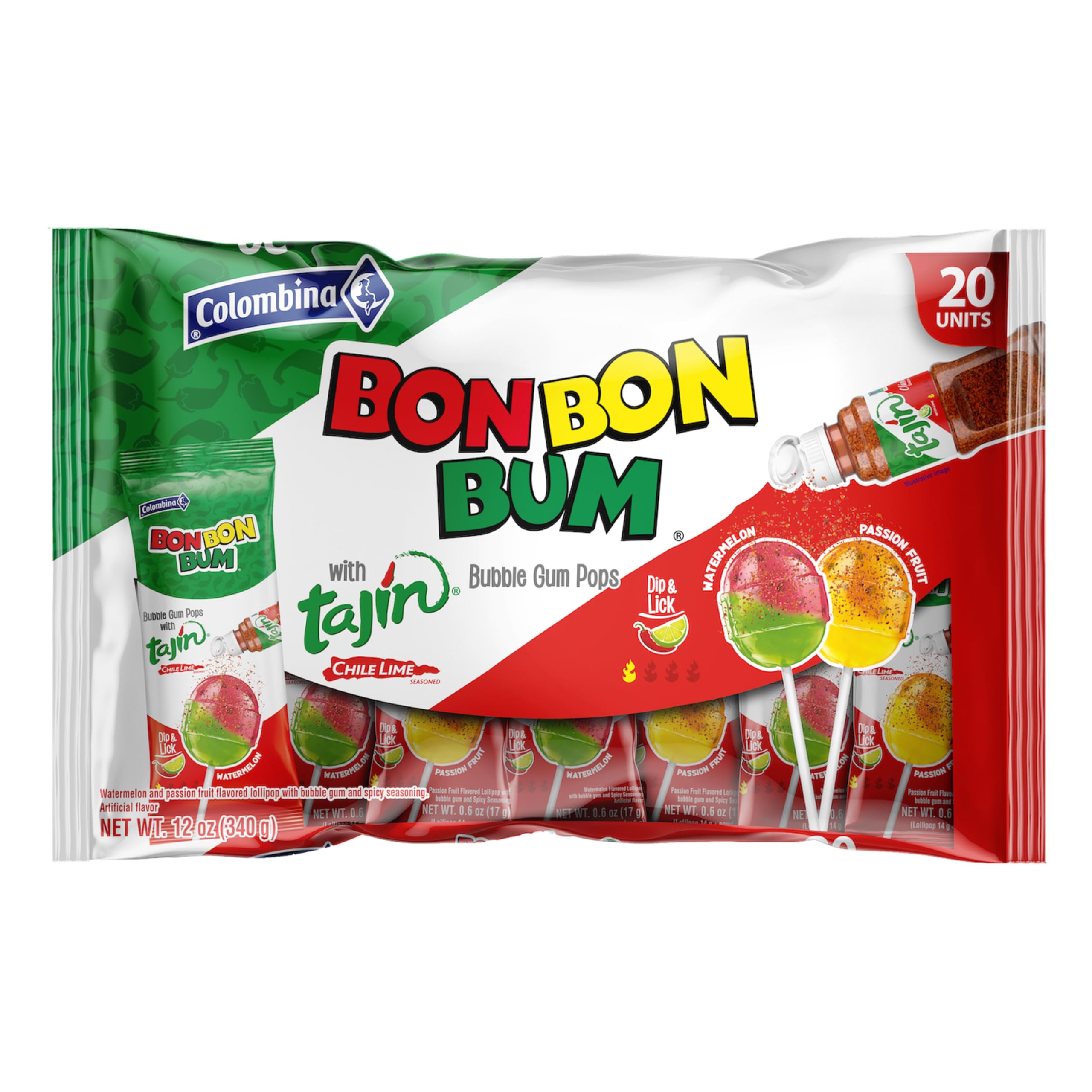 Colombina Bon Bon Bum tropical passion fruit and watermelon lollipops in a vibrant pack for party snacks.