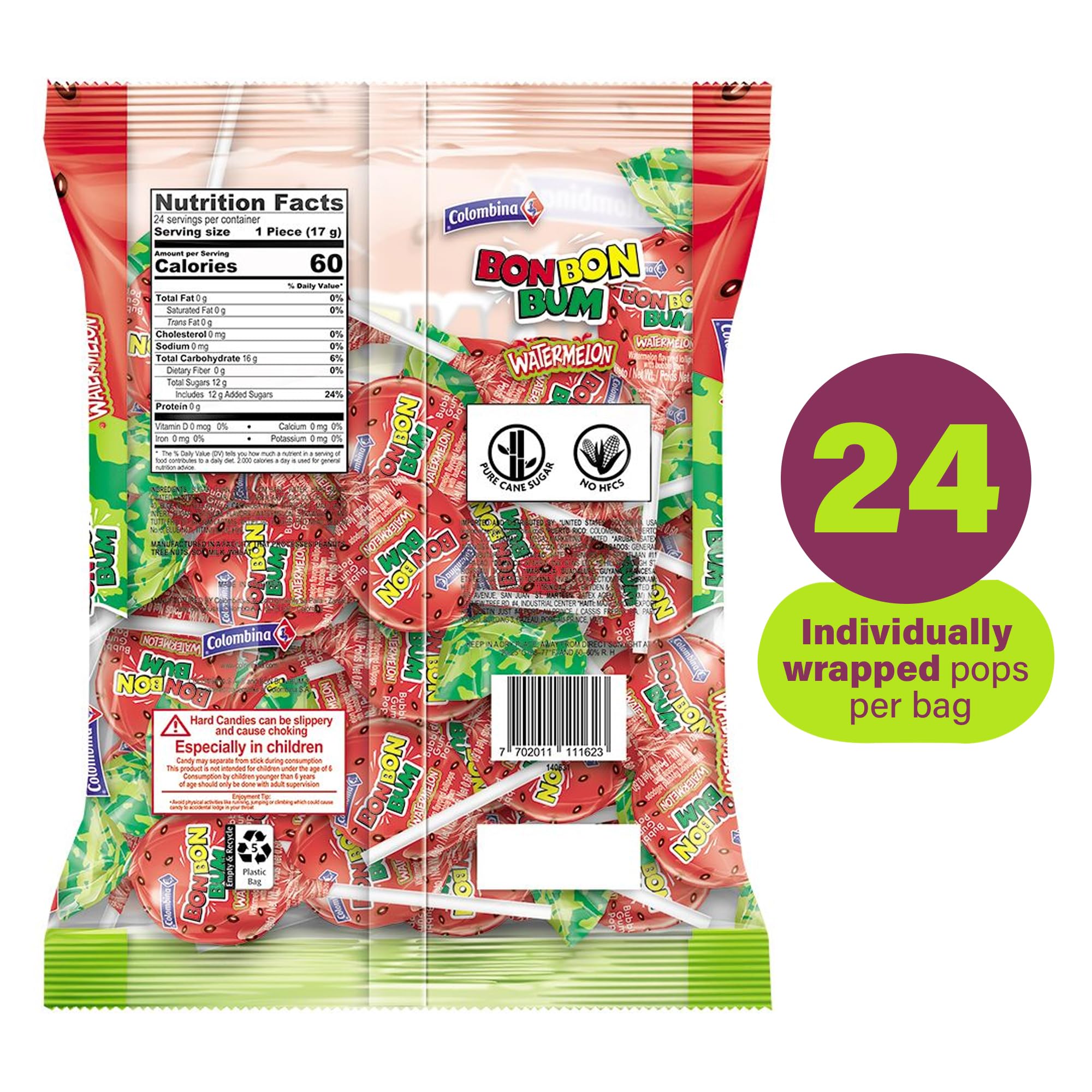 Colombina Bon Bon Bum Watermelon center bubblegum lollipop for playful chewing.