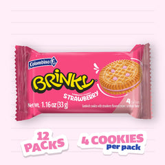 Colombina Brinky strawberry cream cookies, open pack interior, four cookies per portion.