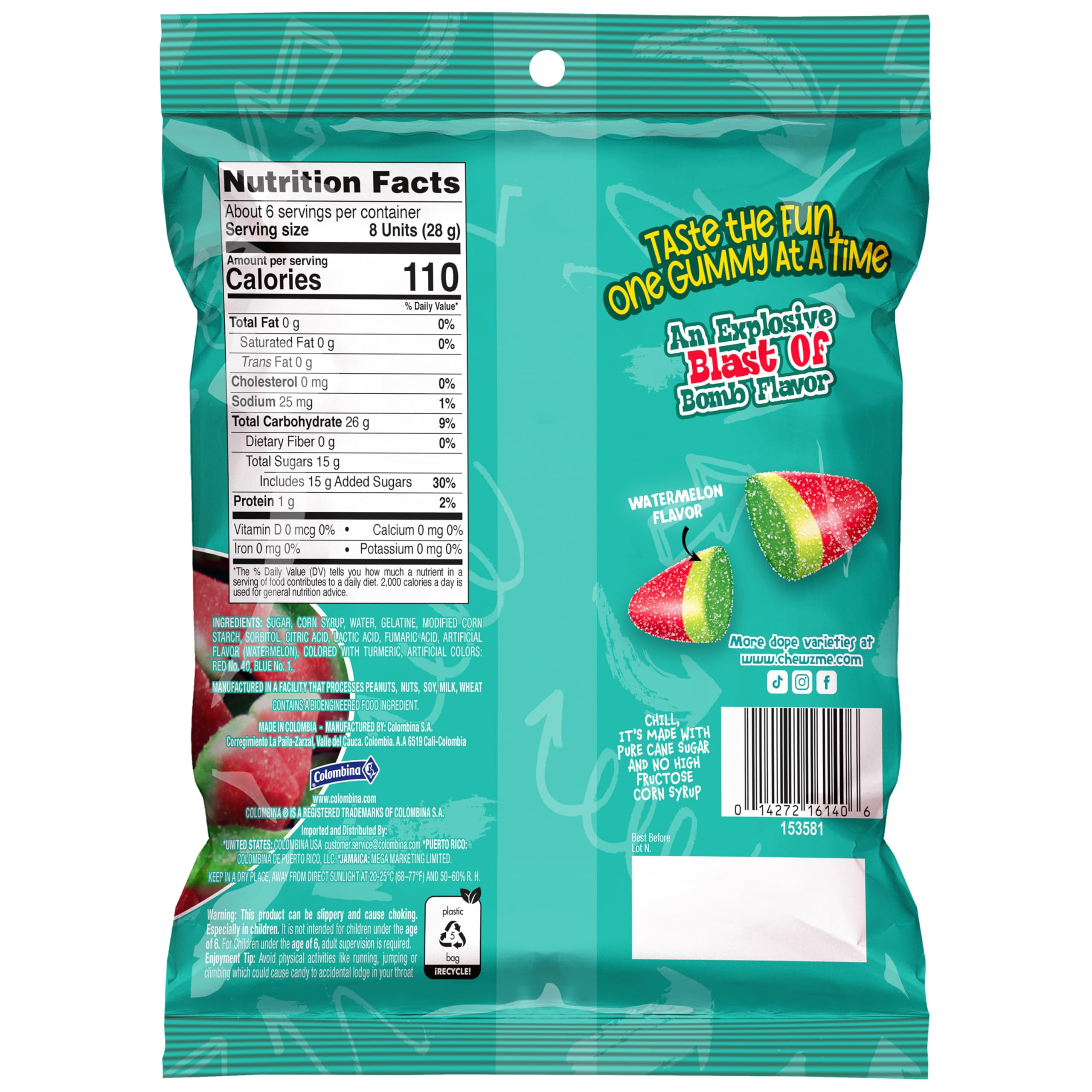 Colombina ChewzMe Watermelon Gummies tangy-sugar-coating delivering a bright bite