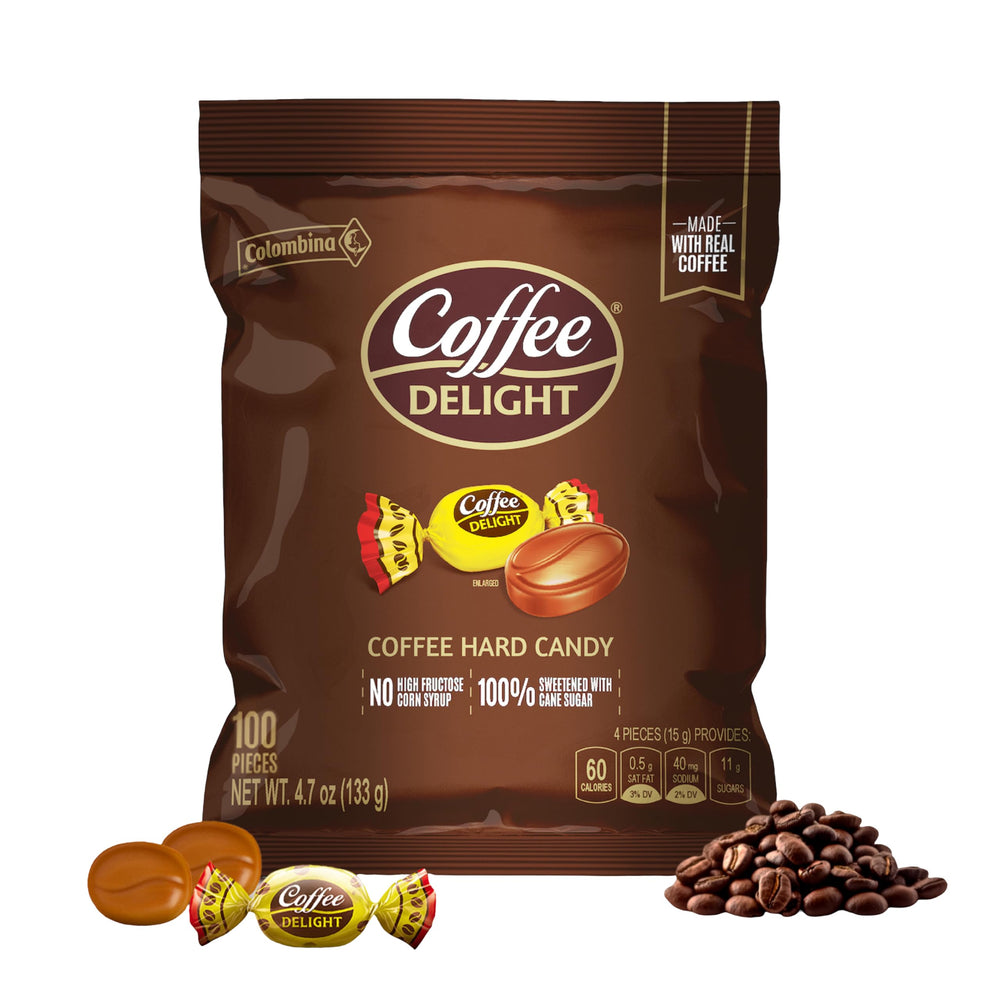 Colombina Coffee Delight hard candy pack front view, portable coffee flavor on the go