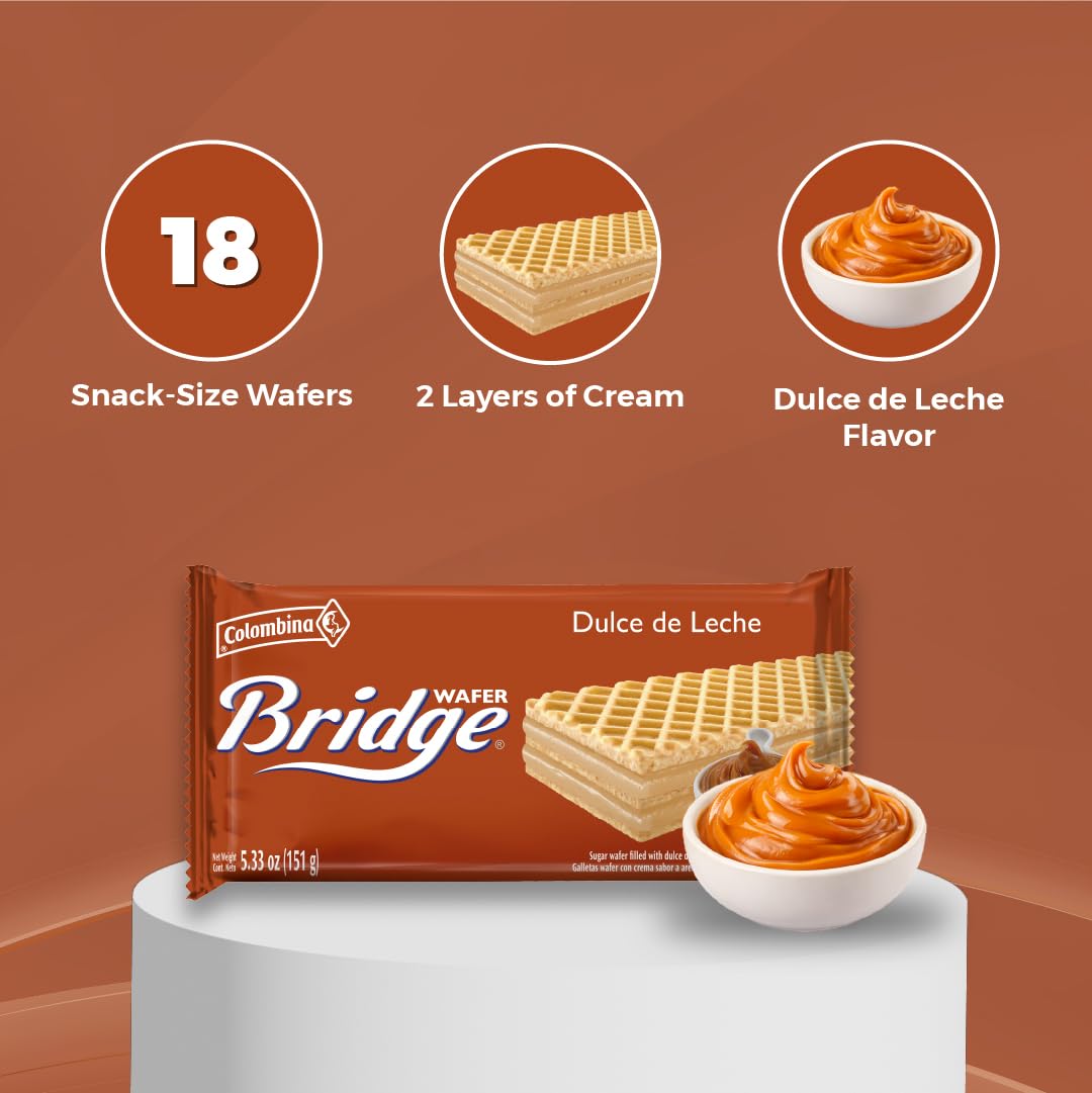 Colombina Dulce de Leche Wafer Bridge bars neatly aligned for display.