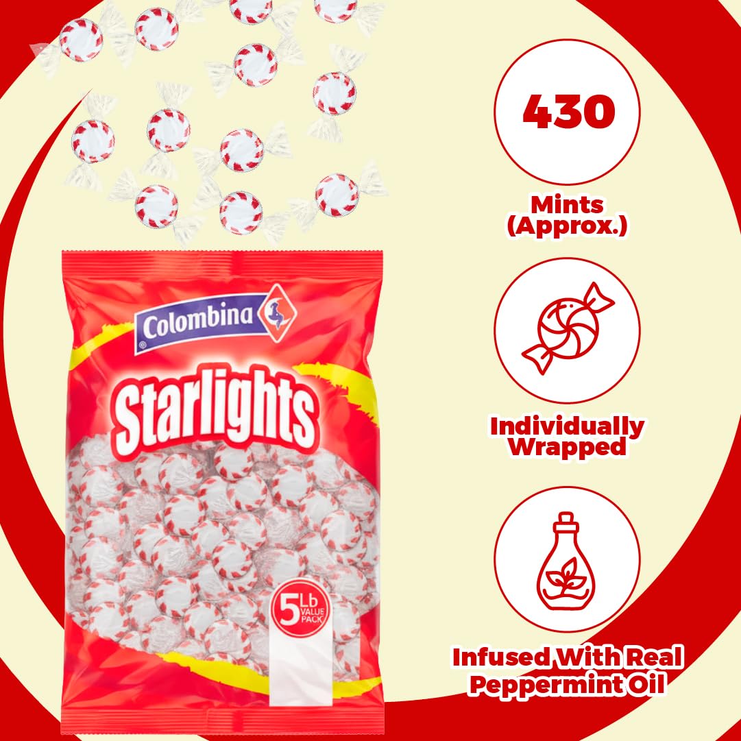 Close-up of Colombina Starlight Mints packaging emphasizes freshness and mint aroma.