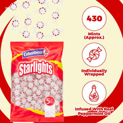 Close-up of Colombina Starlight Mints packaging emphasizes freshness and mint aroma.