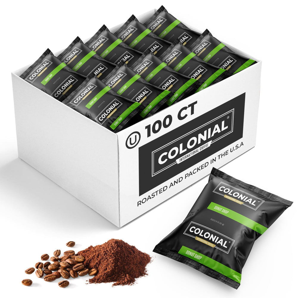 Colonial Coffee Donut Shop Blend frac packs close-up for consistent 12-cup brews
