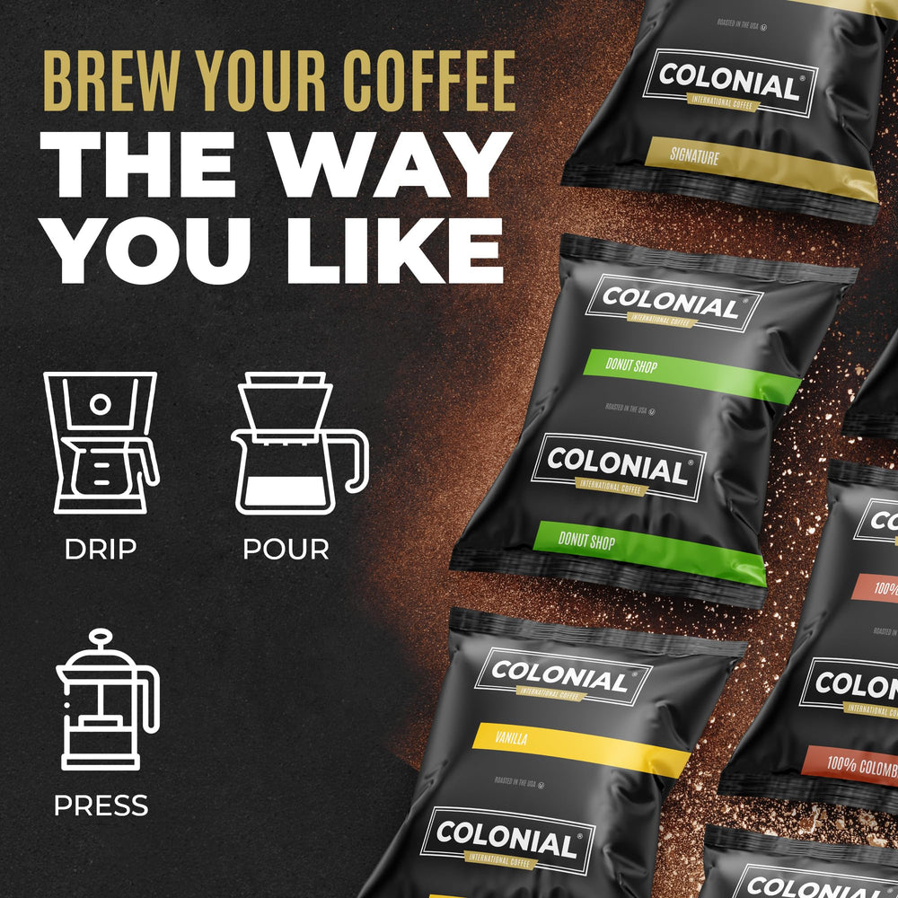 Colonial Coffee ground coffee close-up ready for drip brewing.