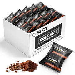 Colonial International Coffee 32-count packaging for at-a-glance freshness and convenience