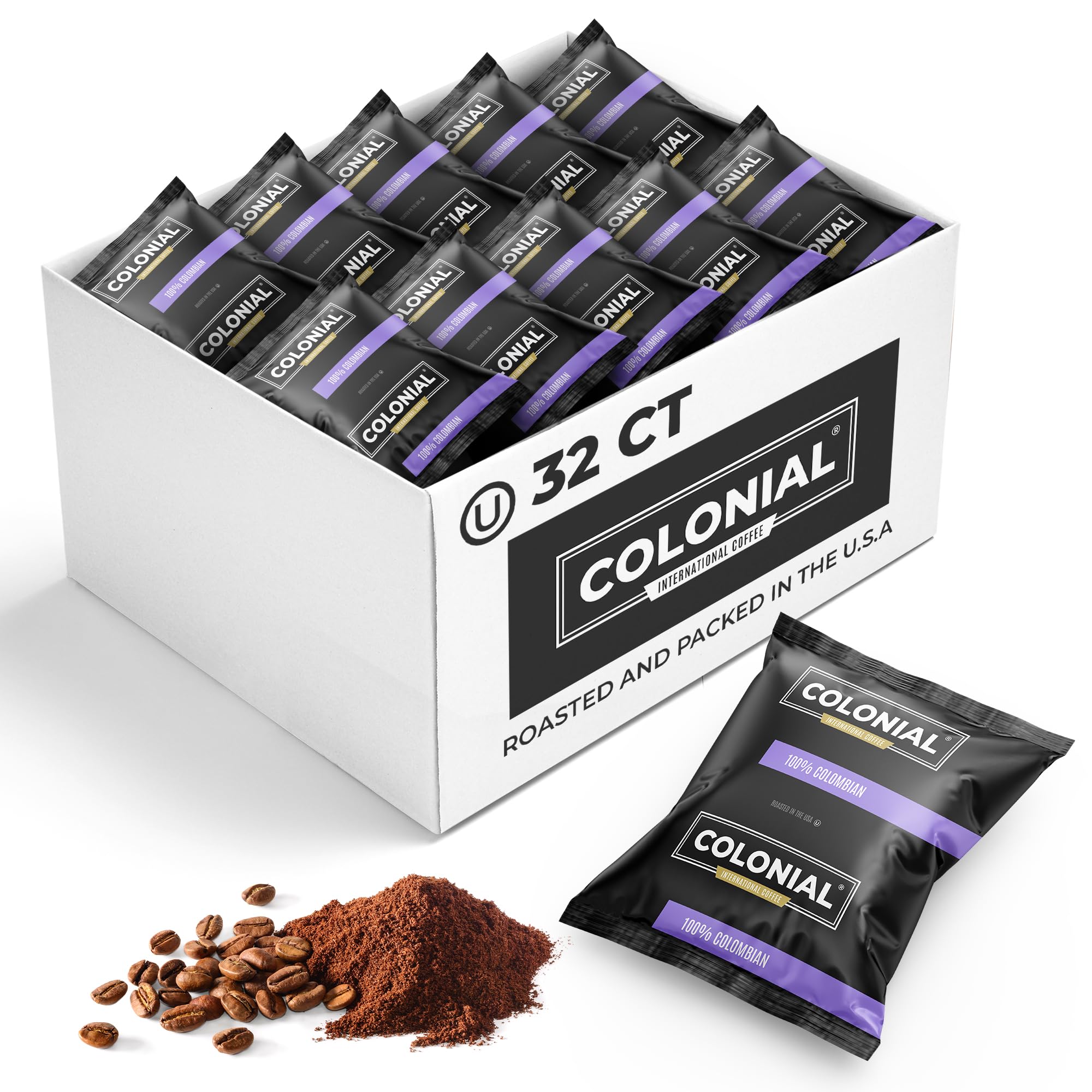 Colonial International Coffee 32-count packets for easy drip brewing.
