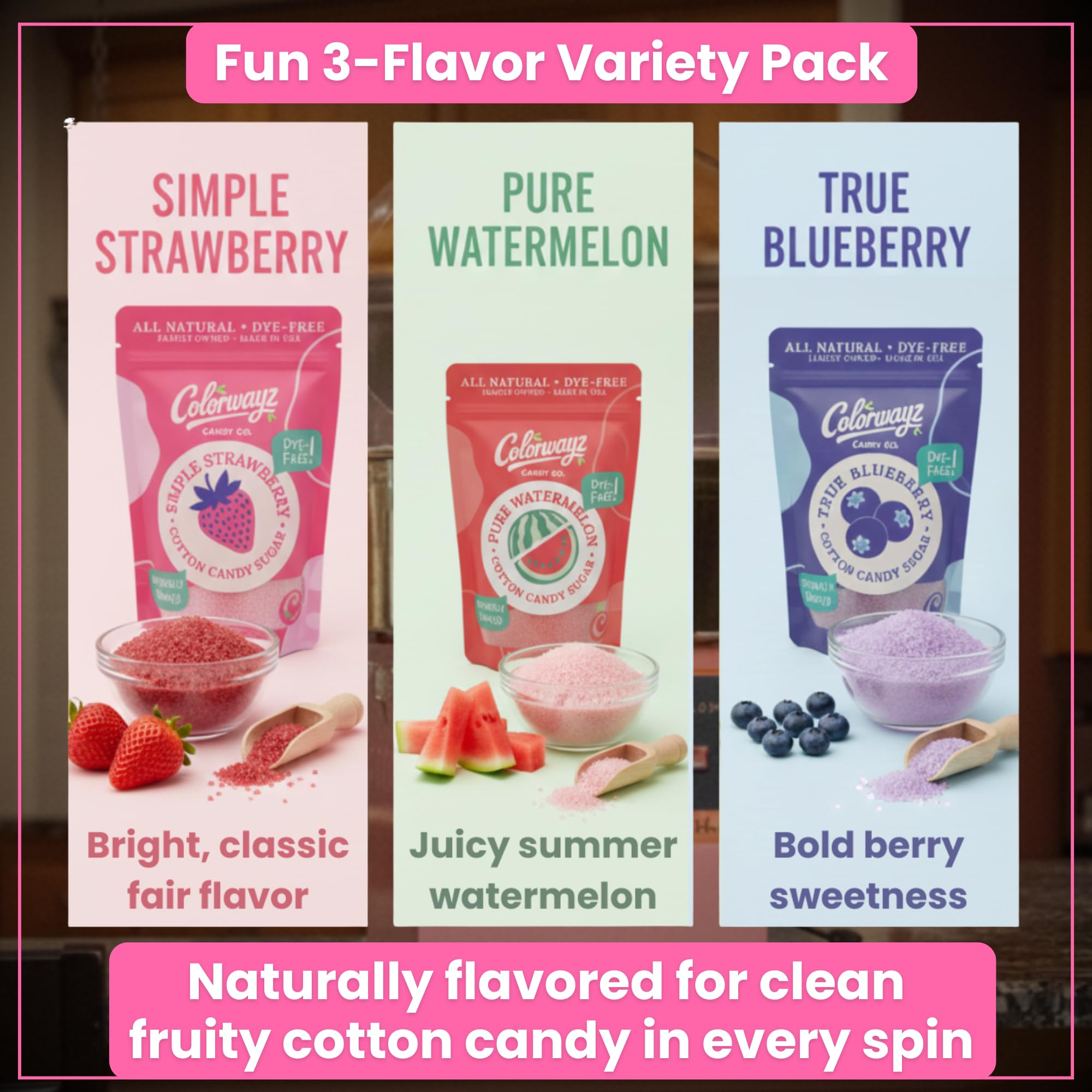 Colorwayz dye-free cotton candy sugar ready for any cotton candy machine setup.