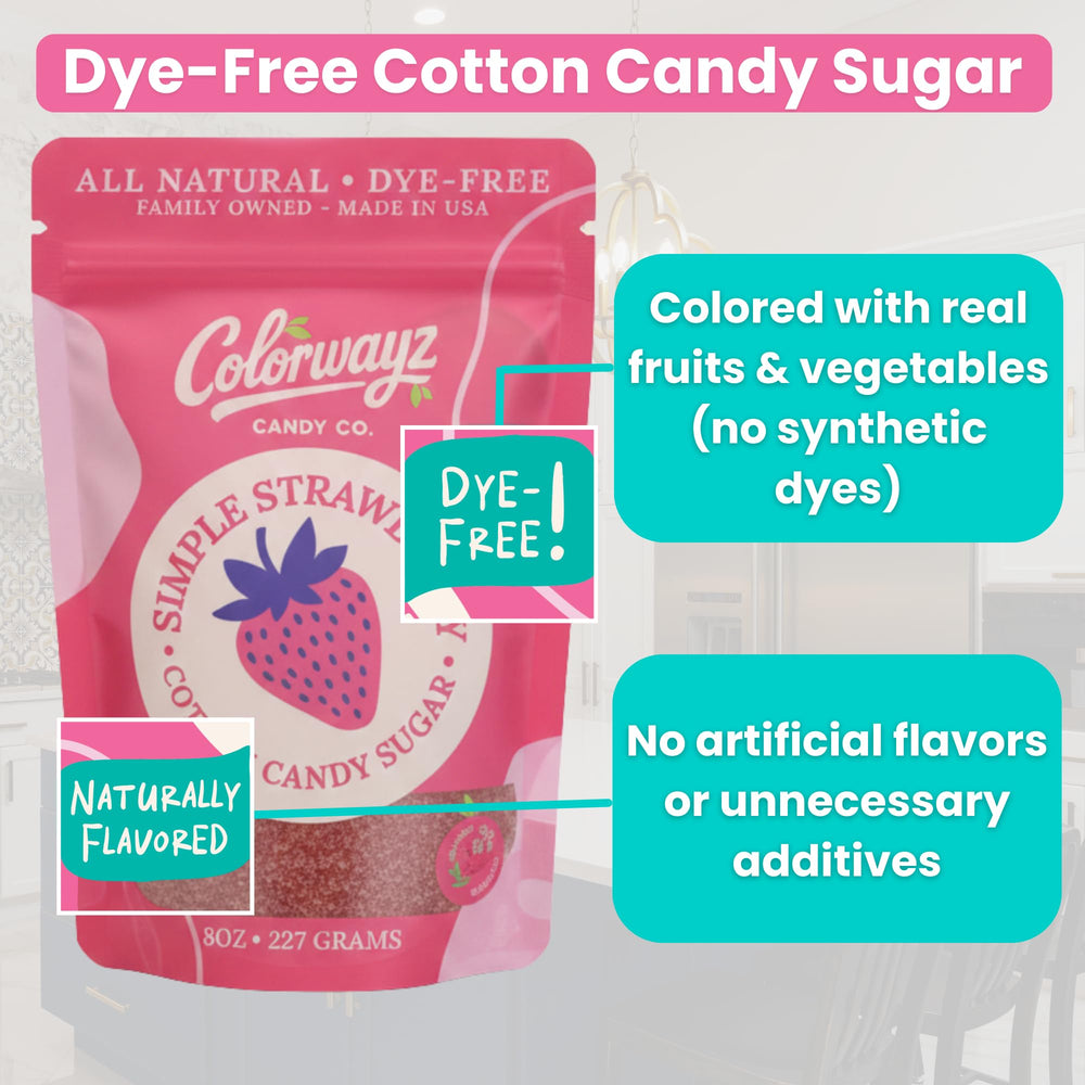 Colorwayz dye-free watermelon cotton candy sugar in an 8oz bag, perfect for party snacks.