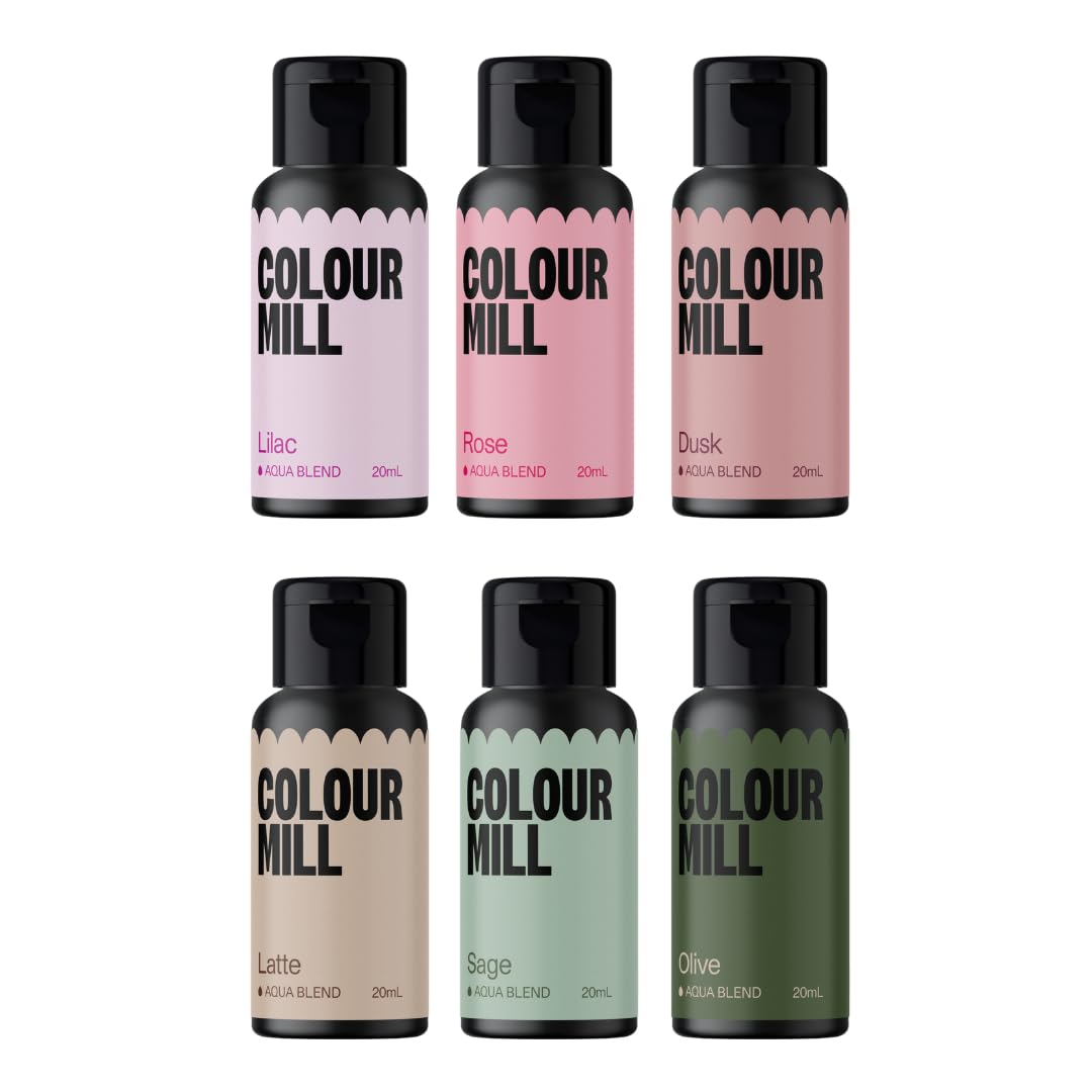 Colour Mill Aqua Blend Dusk bottle shows vibrant color for oil-free icing and batters.