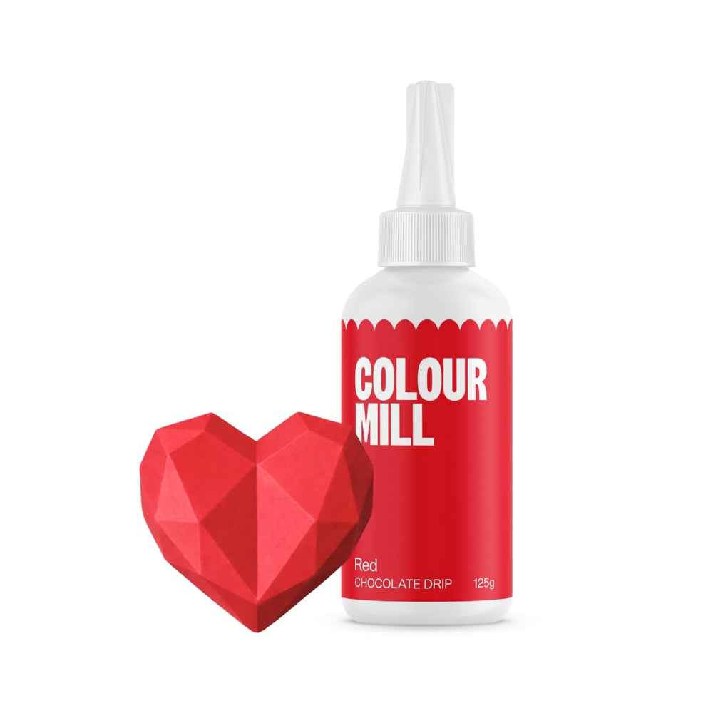 Colour Mill Chocolate Drip Easy-Melt bottle ready to drizzle red glaze on desserts.