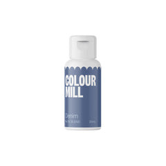 Colour Mill Denim oil-based color shown in bottle pour for vibrant pastries