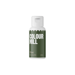 Colour Mill olive oil-based coloring bottle showing vibrant olive shade for frostings.