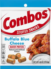Combos Buffalo Blue Cheese Pretzel Baked Snacks crunchy shell closeup emphasizes oven-baked texture ideal for munching.