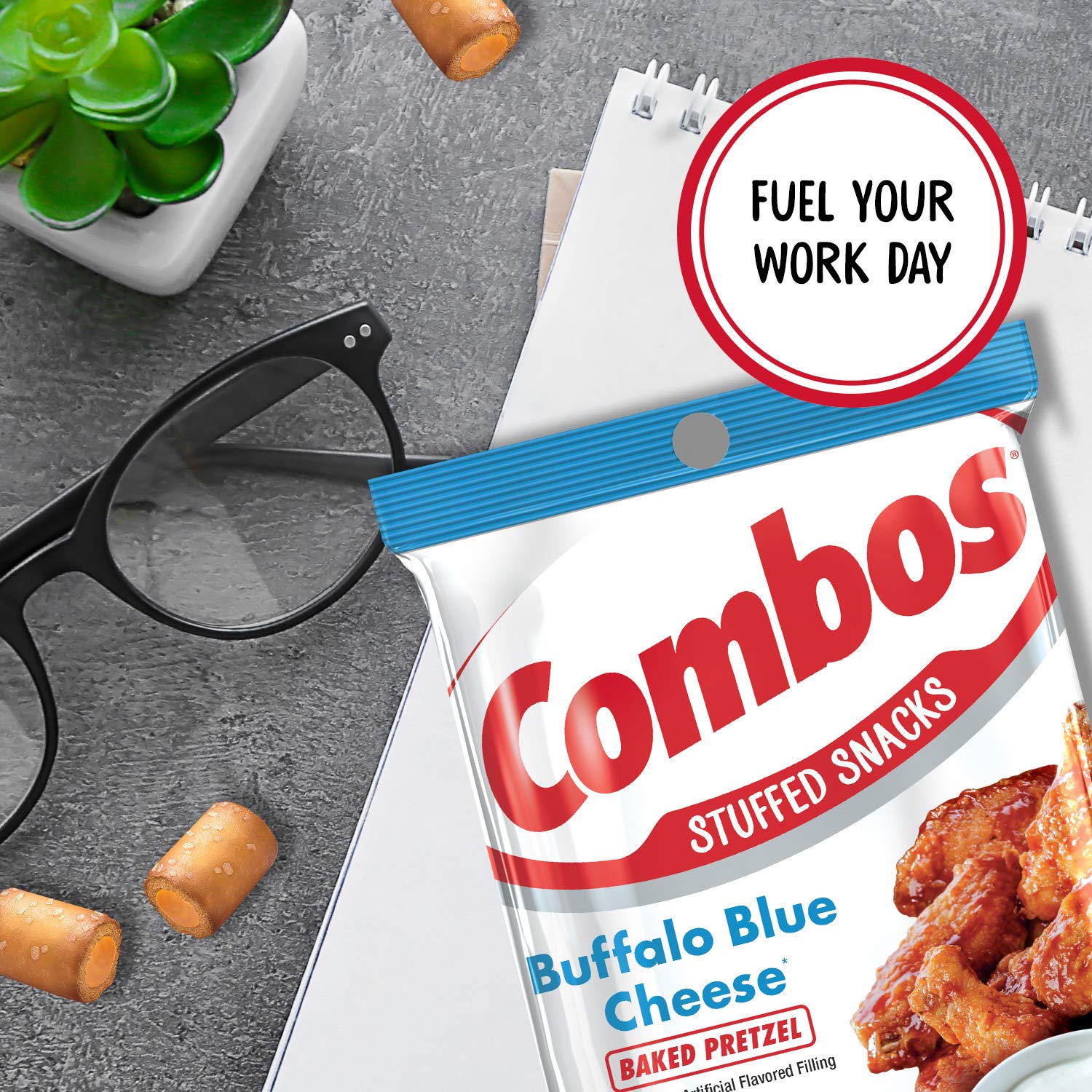 Combos Buffalo Blue Cheese Pretzel Baked Snacks serving plate, great for social snacking at gatherings.